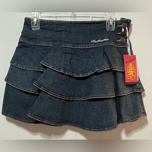 Heatherette Dark Denim Ruffle Skirt with Button Detail. Size 5.
